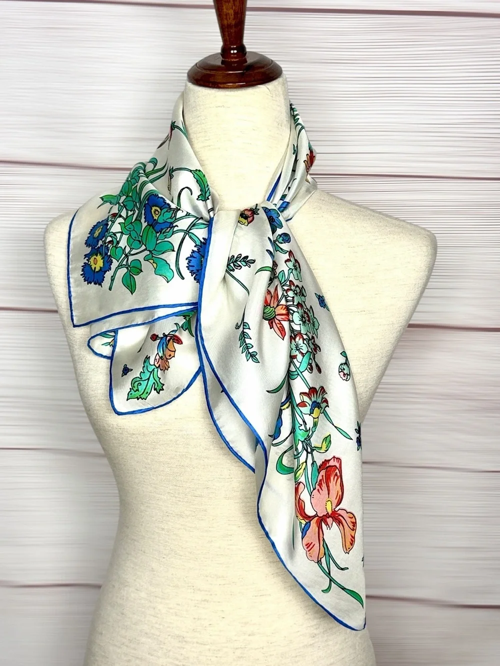 Vintage Square Silk Scarf Ivory with Floral Print Hand Rolled 28x28
